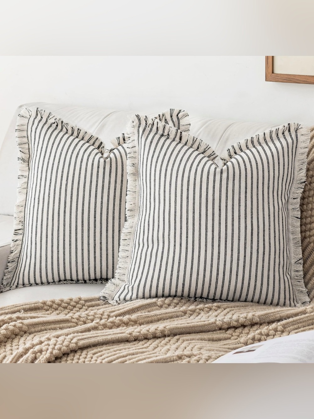 White & Black Striped Fringe Throw Pillow 22x22